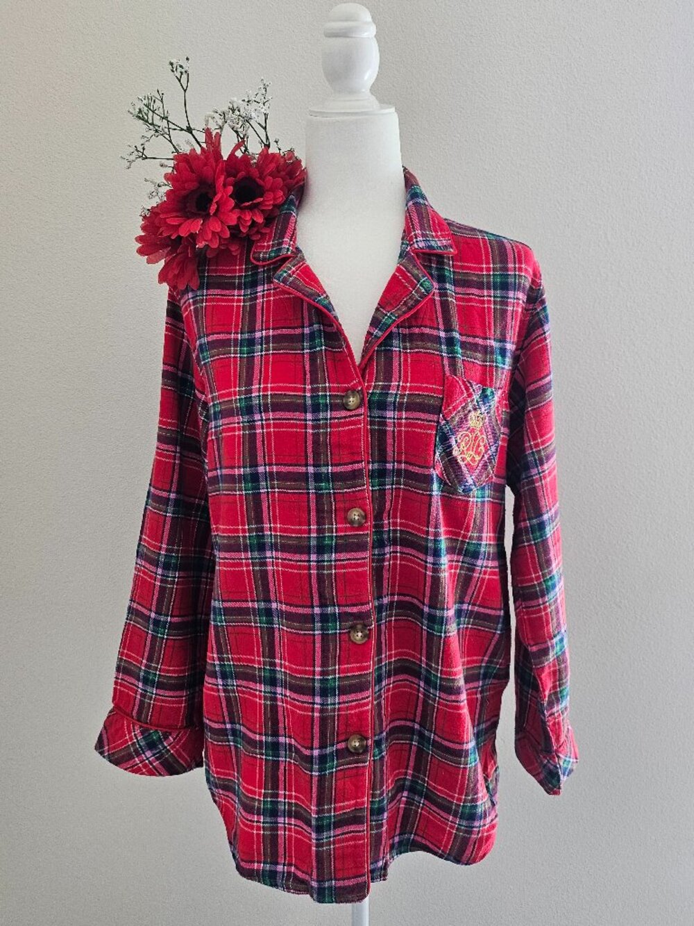 Lauren Ralph Lauren Red Plaid Flannel Pajama Top L Leopard Trim